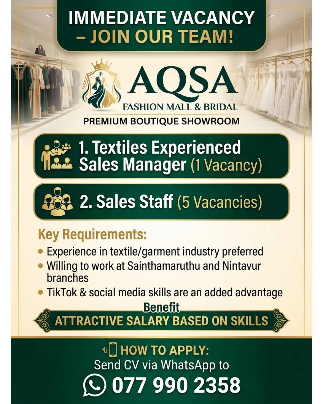 Vacancy Availabe at Aqsa Fashion Mall and Bridal photo 2
